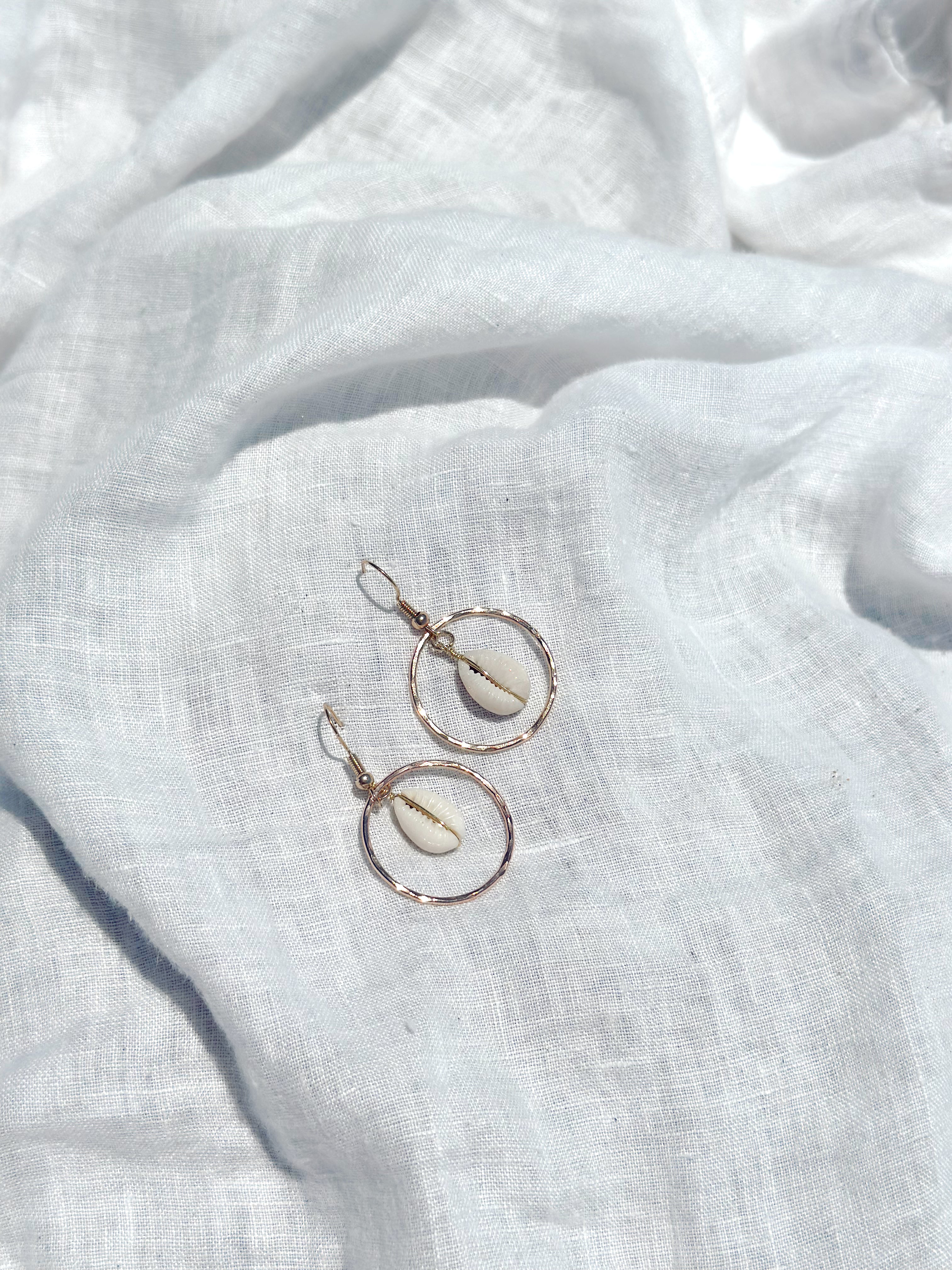 Golden Tide Hoops with wire wrapped shells