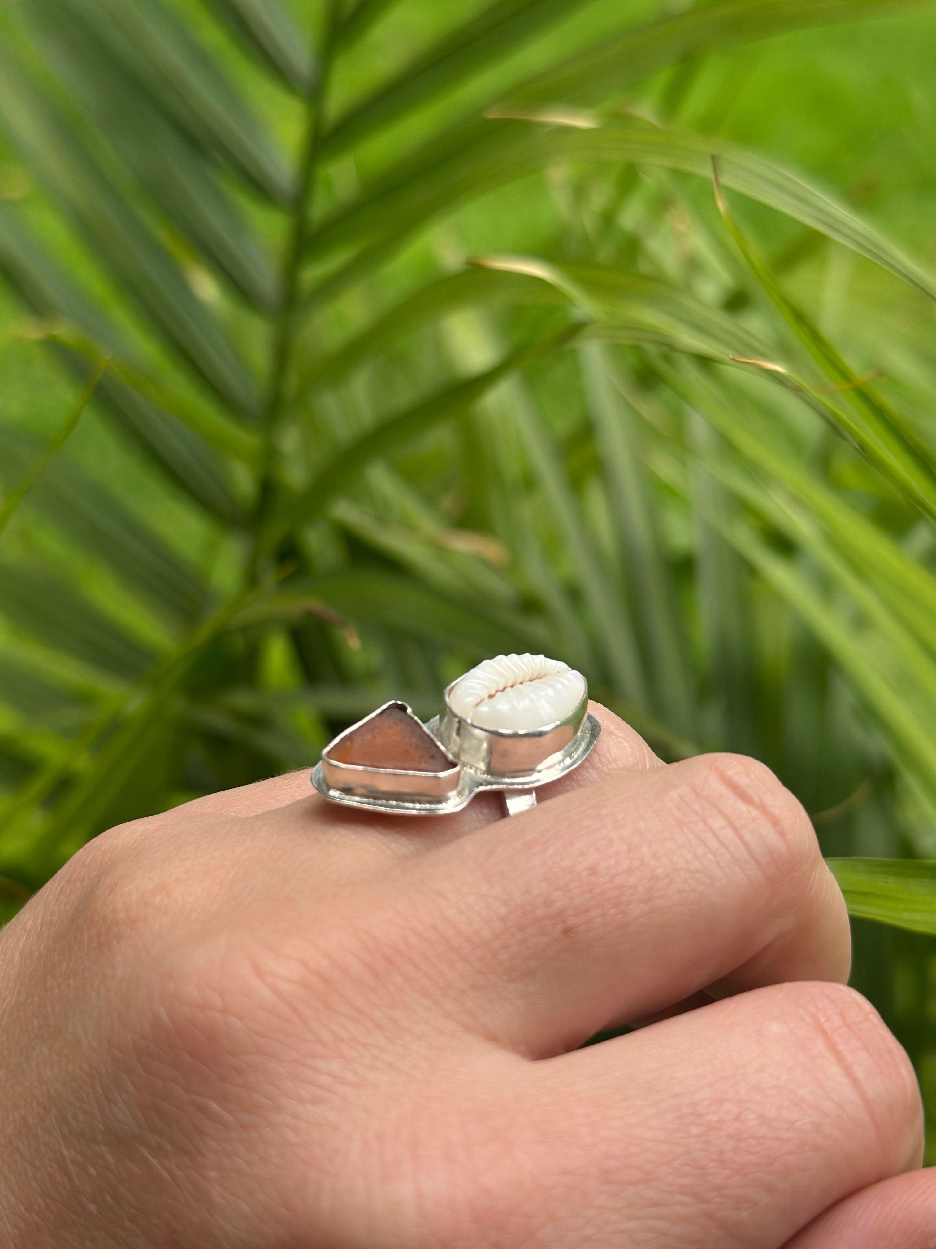 Cowrie Shell & Sea Glass Statement Ring