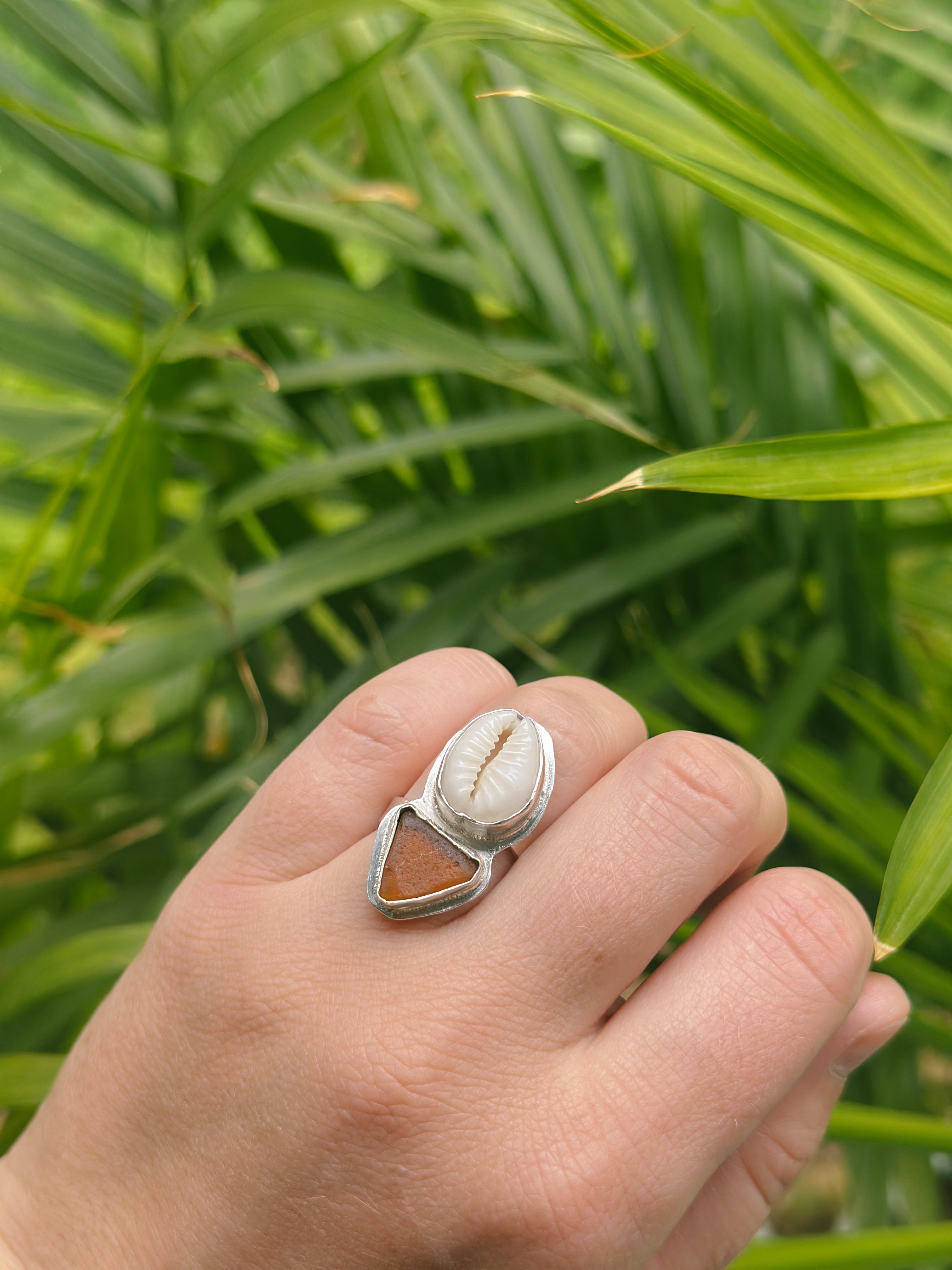 Cowrie Shell & Sea Glass Statement Ring