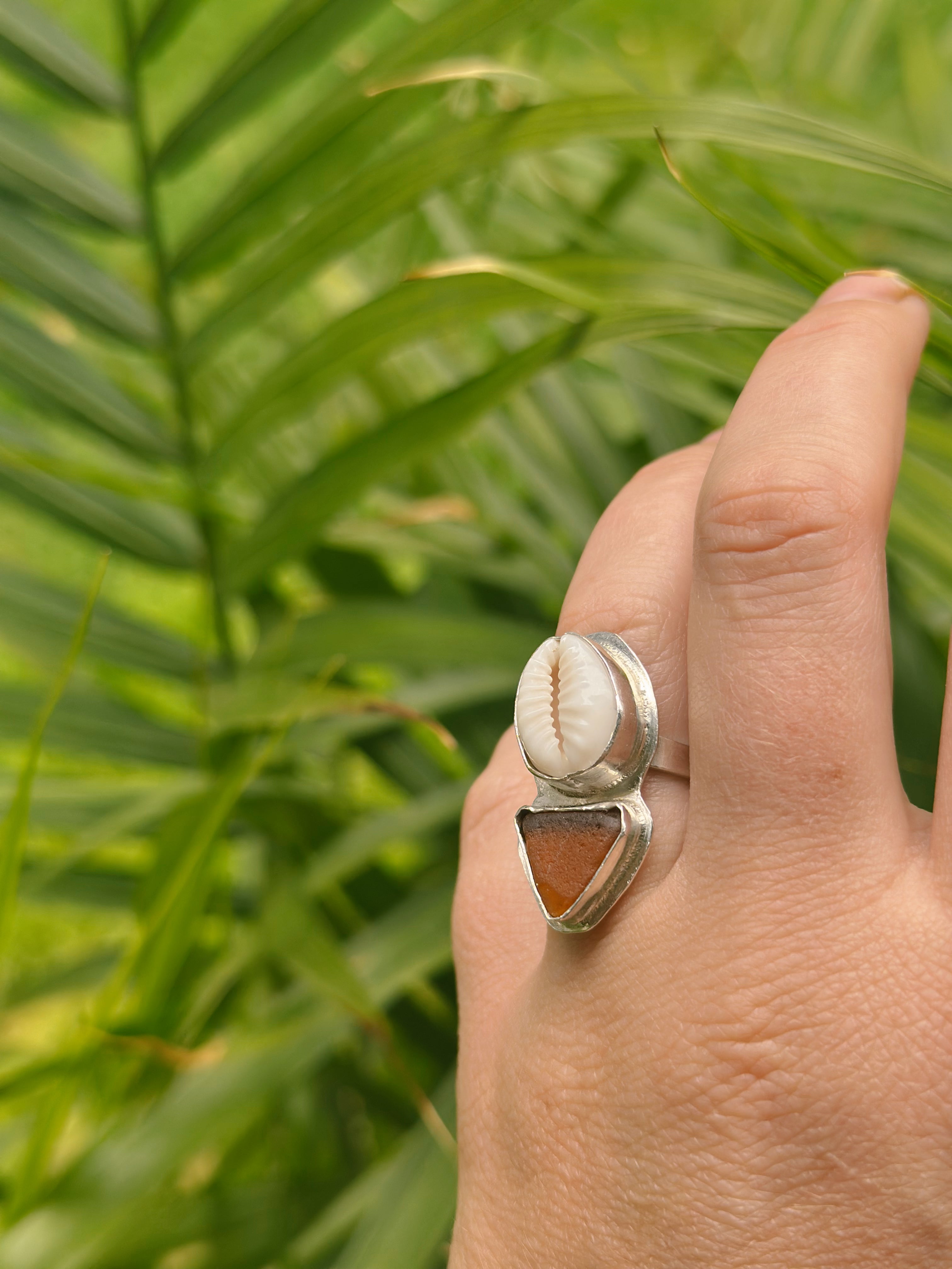 Cowrie Shell & Sea Glass Statement Ring