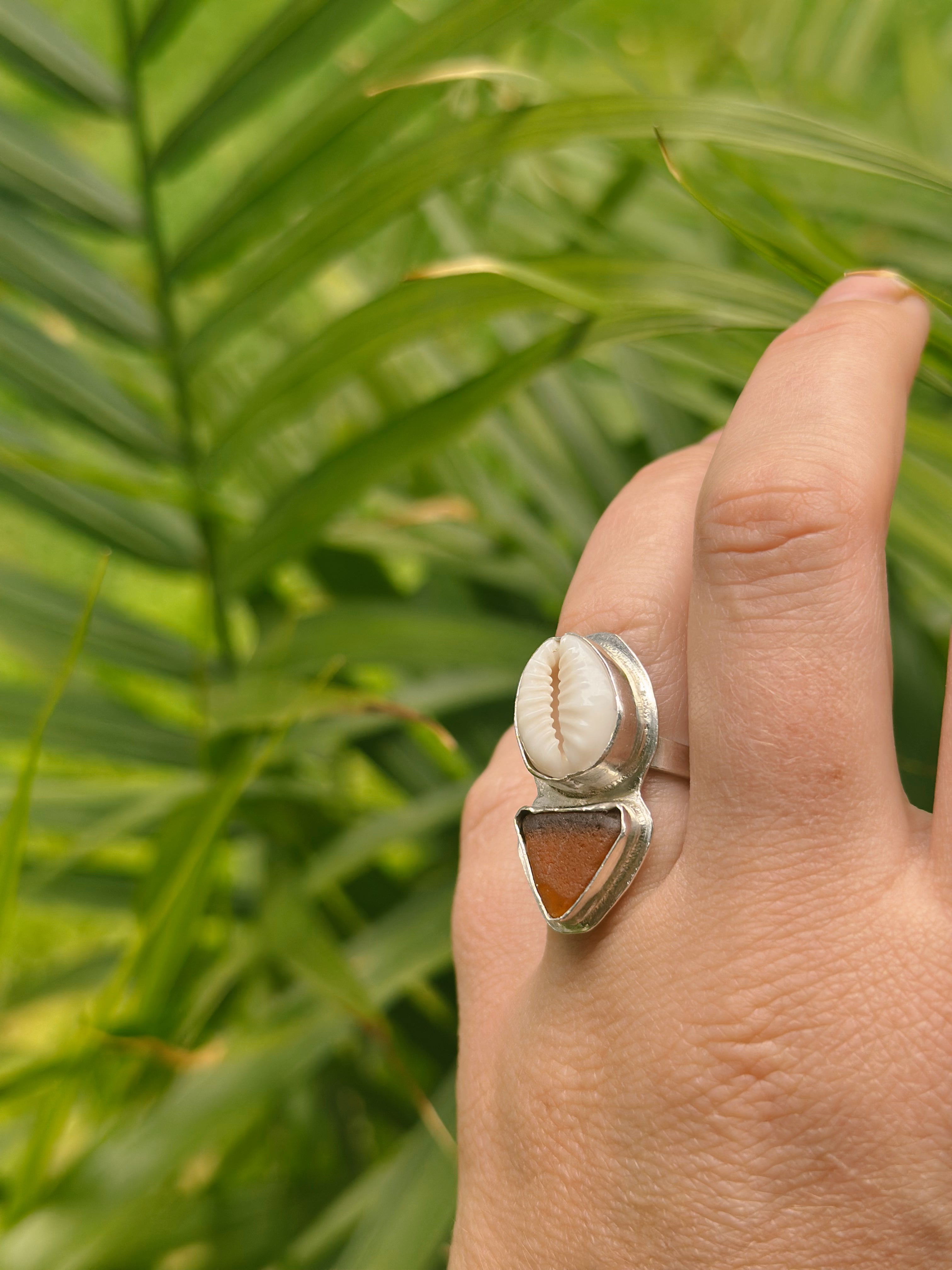 Cowrie Shell & Sea Glass Statement Ring
